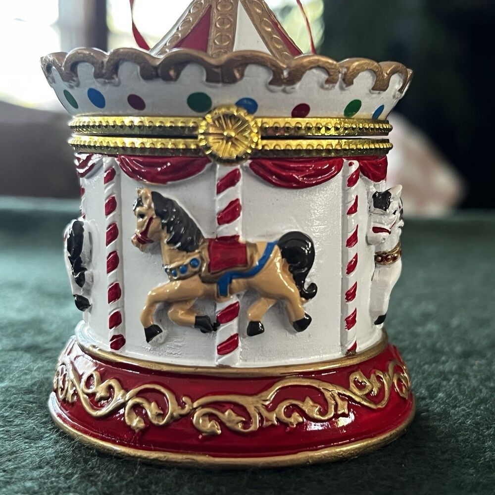 Carousel with Horses Trinket Box Surprise Ornament Hand Painted Hinged